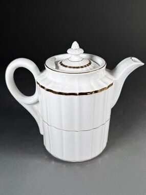 Vtg Kahla Germany White Porcelain Teapot Coffee Pot Gold Gilt Ribbed Scalloped
